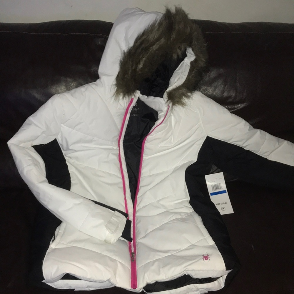 Womens XL Spyder thigh length white w/pink trim lightweight coat